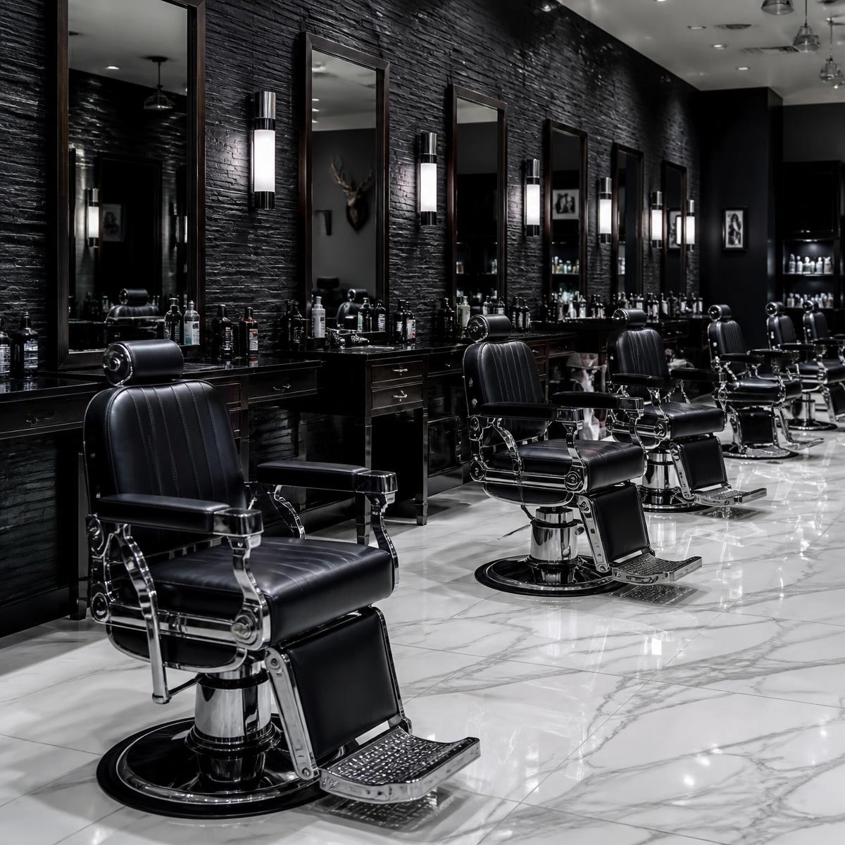Black leather barber chairs on white marble floor with mirrors
