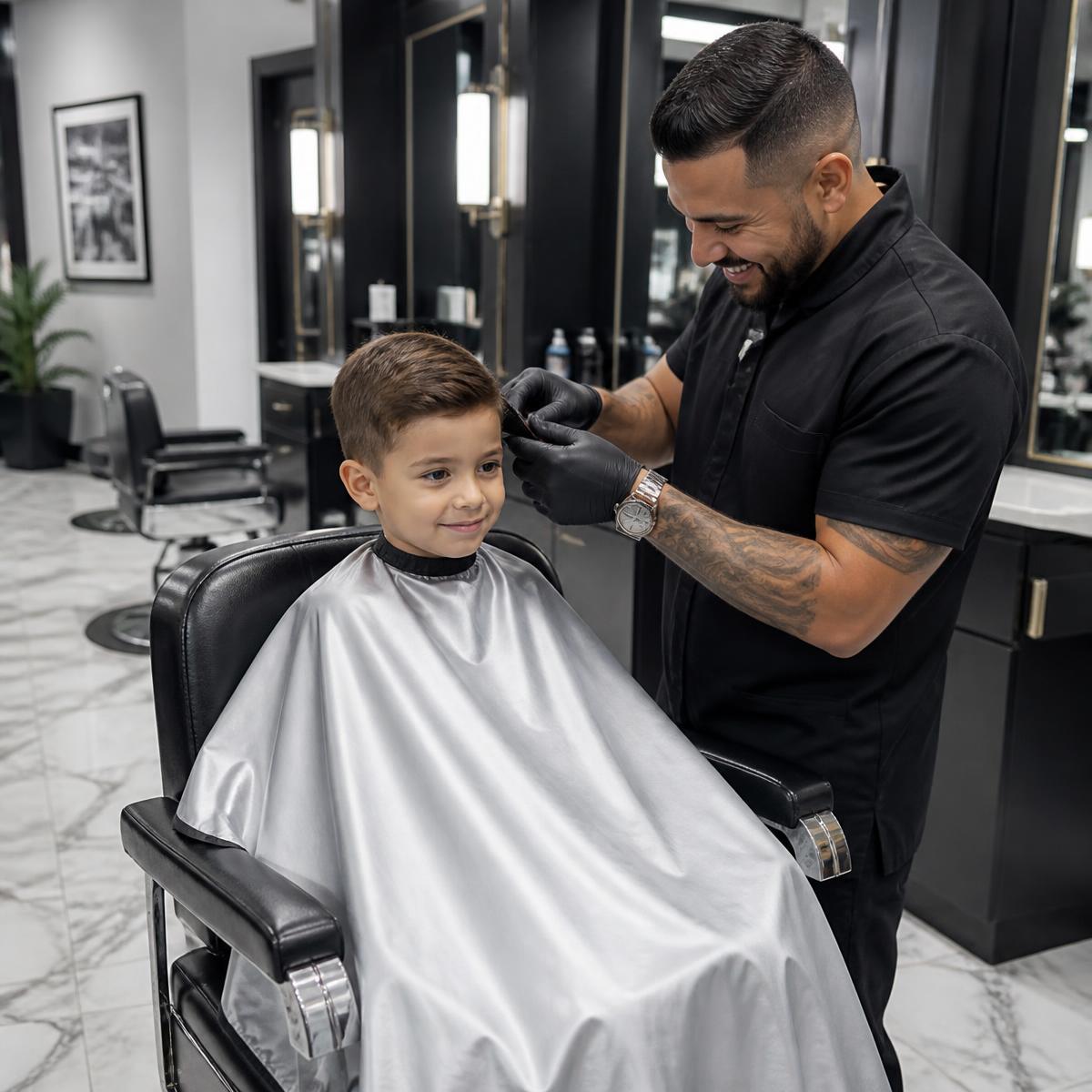Barber giving a young boy a haircut in a silver cape