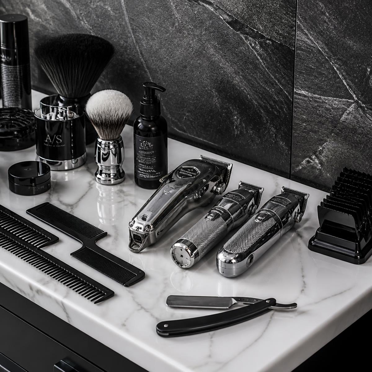 Chrome clippers, razor and combs on a white marble counter