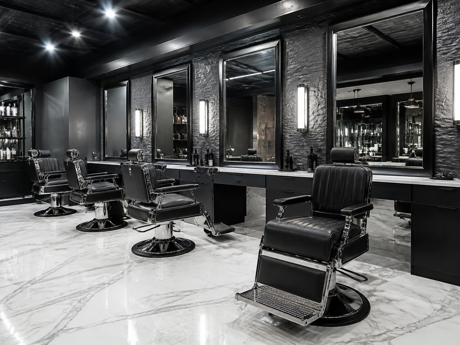 Interior of Galaviz Barber Shop: marble floor, charcoal stone wall, black leather chairs